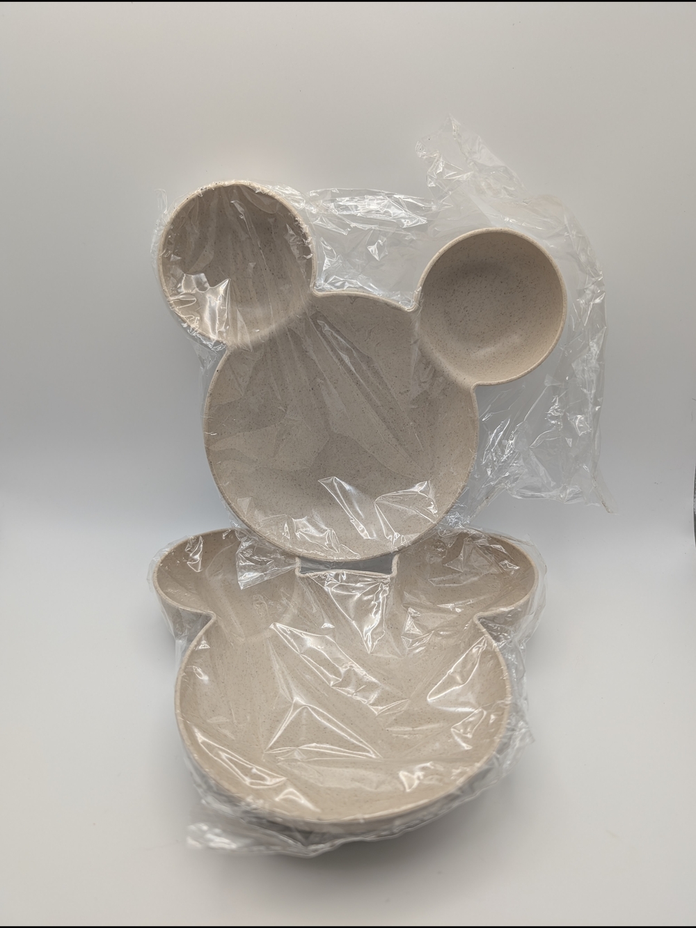 2 Mickey Mouse Shaped Plates- Bowls Tan Plastic Brand New